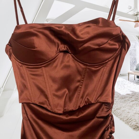 Copper Satin Corset Mini Dress – Ruched Side, Front Cutout, Adjustable Straps - Picture 2 of 13